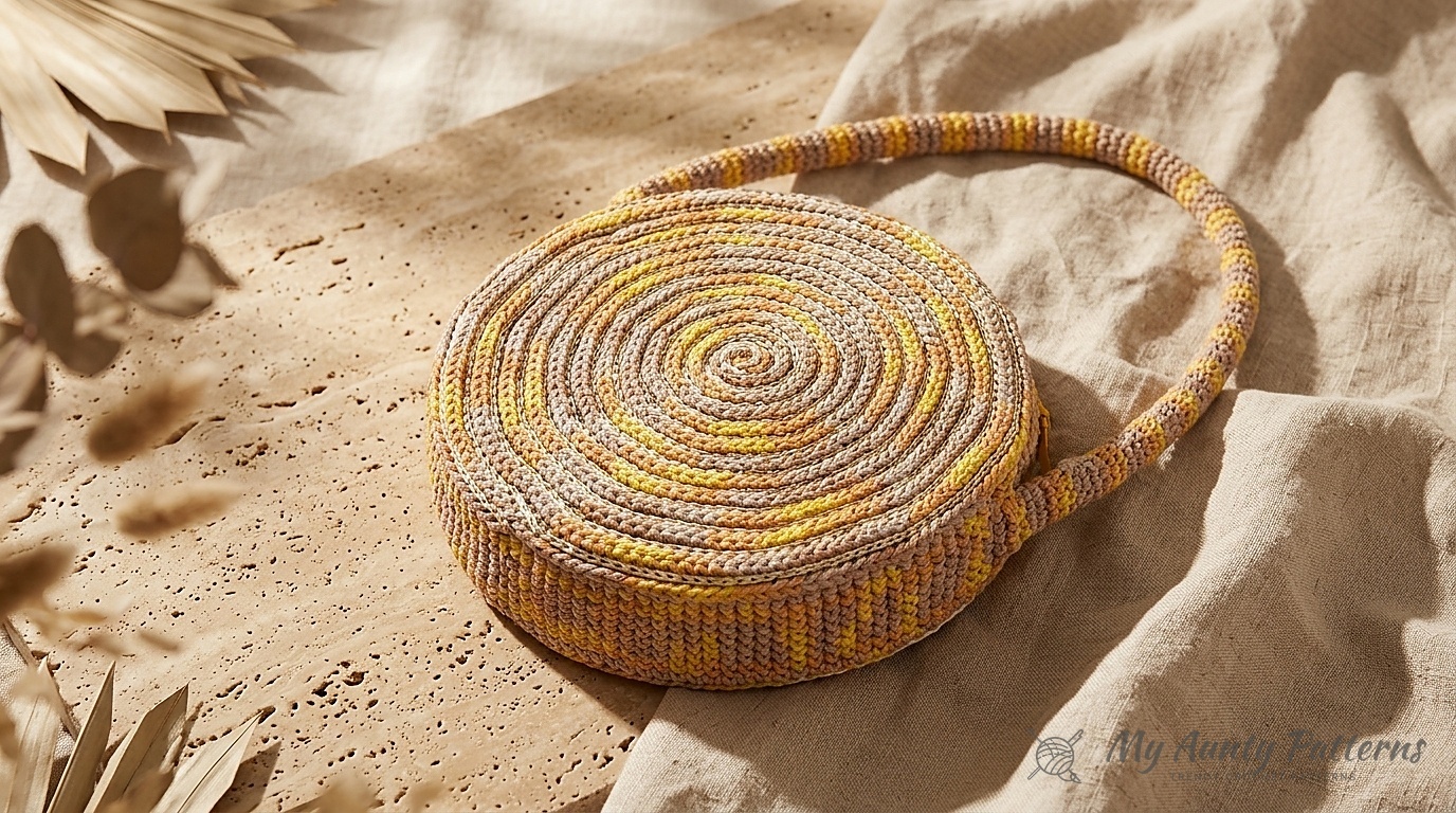 Golden mustard yellow round spiral crochet crossbody shoulder bag with raised surface slip-stitch detailing on a natural linen studio table
