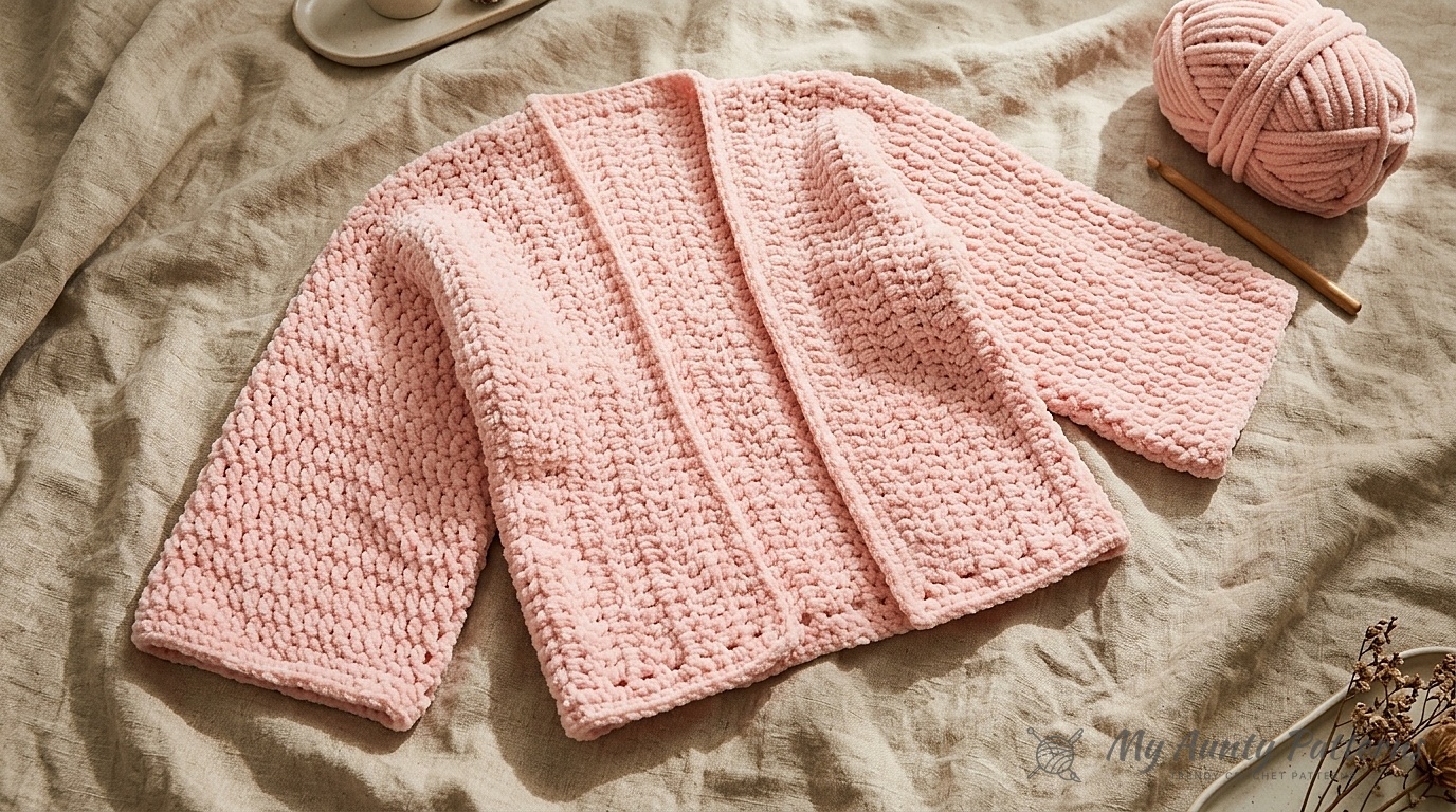 Soft dusty tan-pink plush chenille oversized crochet cardigan with drop shoulders and cuffed sleeves styled on a warm linen studio backdrop