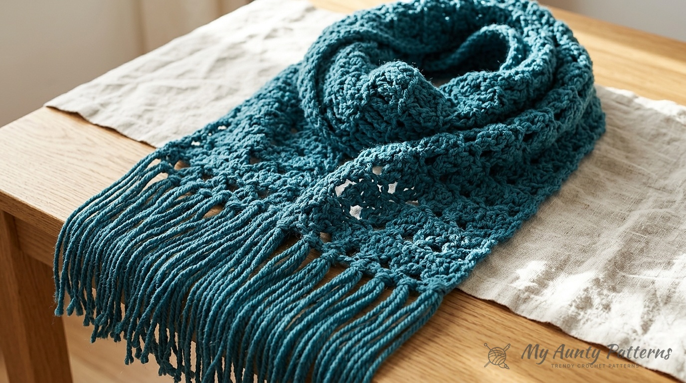 Deep ocean teal super bulky crossed double crochet super scarf with long knotted fringe draped on a natural linen studio table