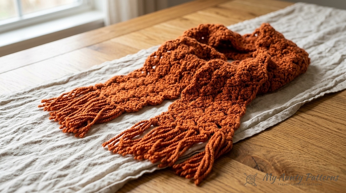 Close-up of warm terracotta pumpkin super bulky textured cluster stitch crochet winter scarf with thick knotted fringe on a linen tabletop