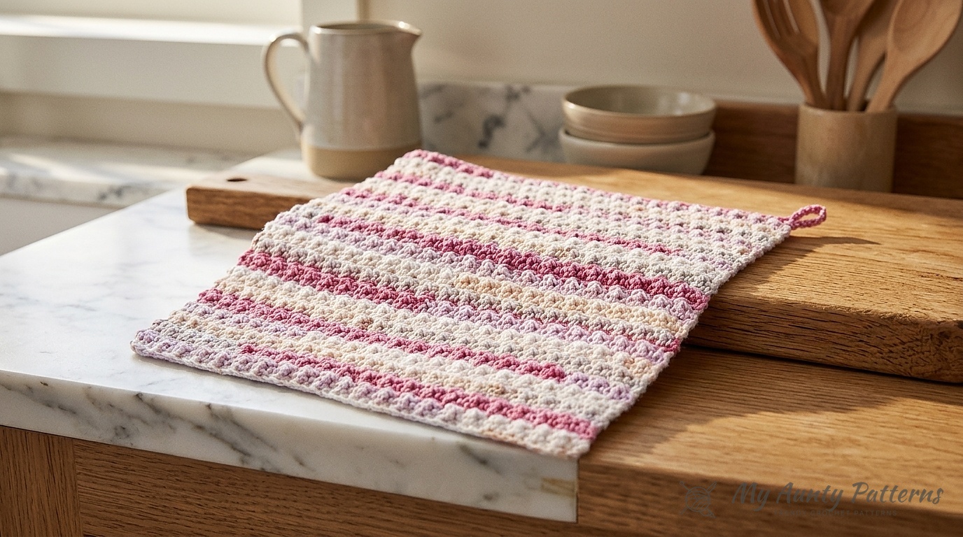 Rose pink, lavender blush, and cream ombré striped textured 100% cotton crochet dishcloth with corner hanging loop on a marble kitchen counter