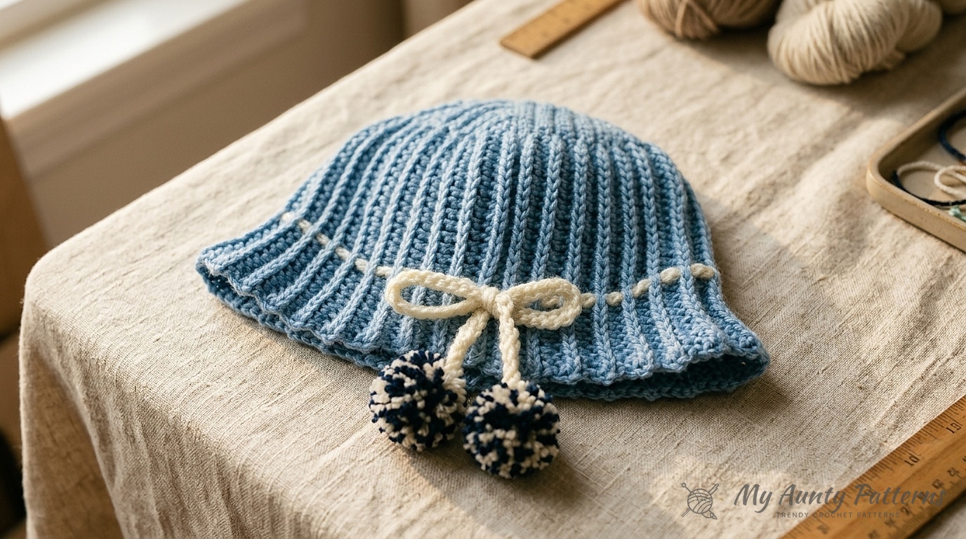 Country blue short-row textured ribbing crochet cloche bucket hat with off-white slip-stitch bow and two navy-and-white speckled yarn pom-poms