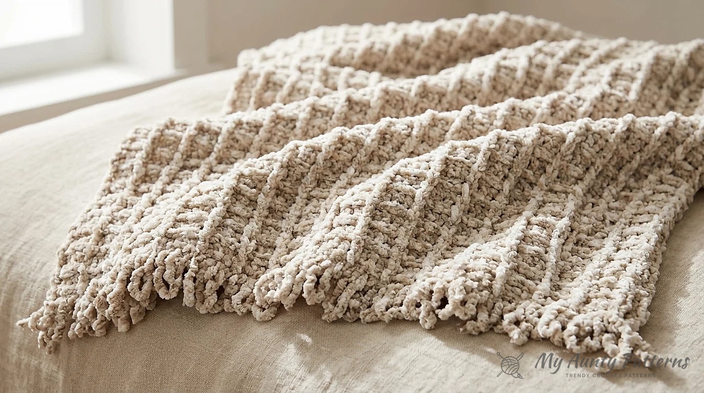 Close-up of chunky cream and warm oatmeal crushed velvet waffle stitch crochet blanket with twisted loop fringe