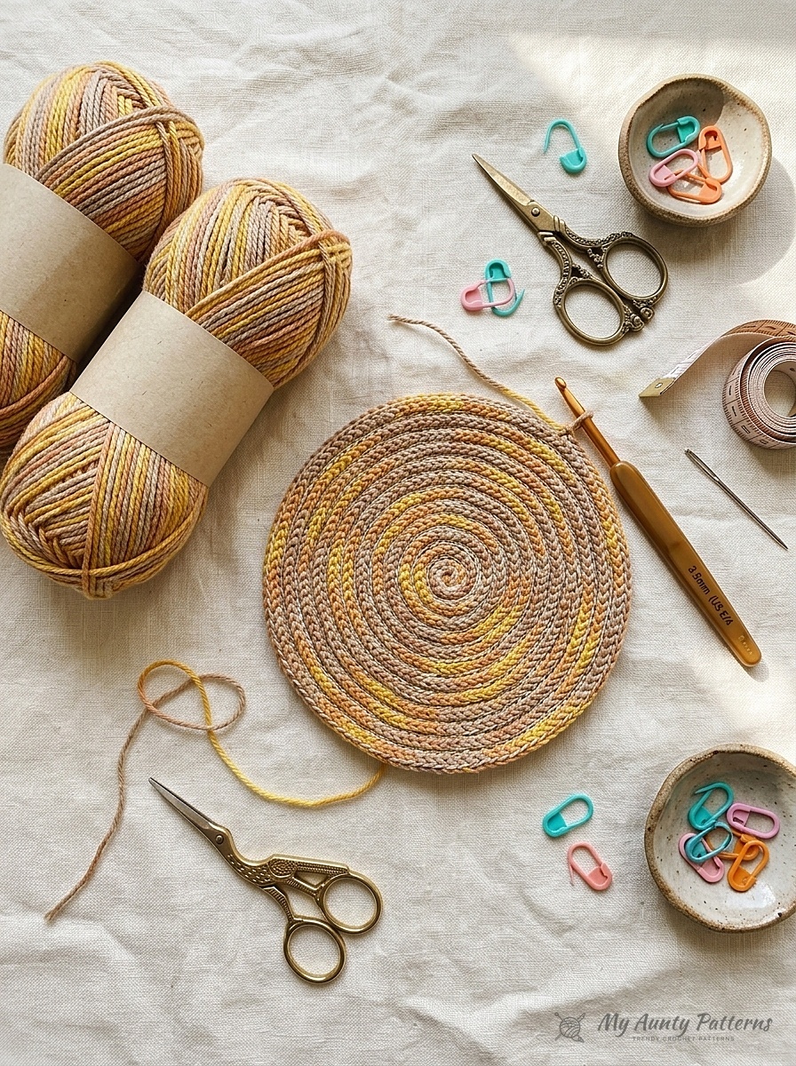 Flat-lay of golden mustard yellow cotton-blend yarn skeins, completed round spiral crochet bag panel, 3.5mm crochet hook, stitch markers, and brass scissors