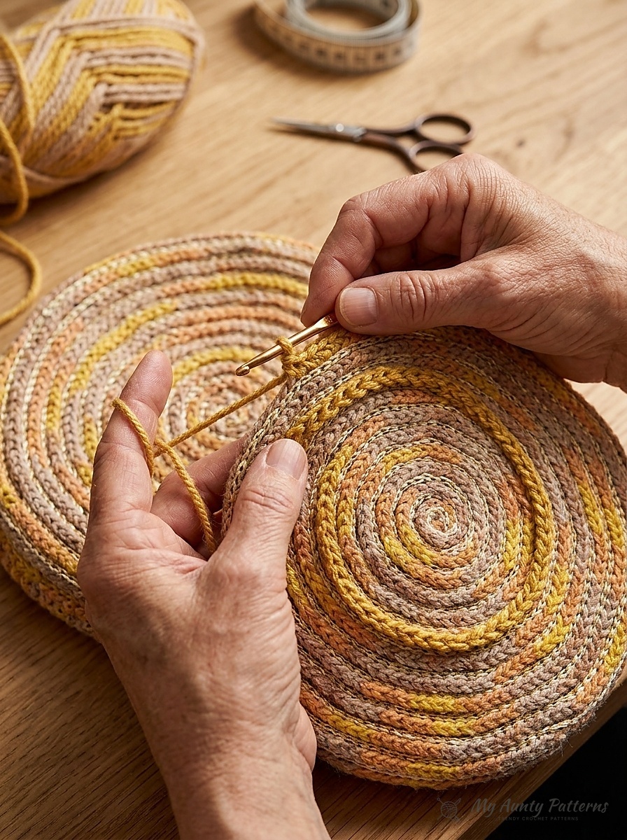 Close-up of hands working surface slip stitches with a 3.5mm crochet hook along the spiral ridge of the golden yellow round crochet bag