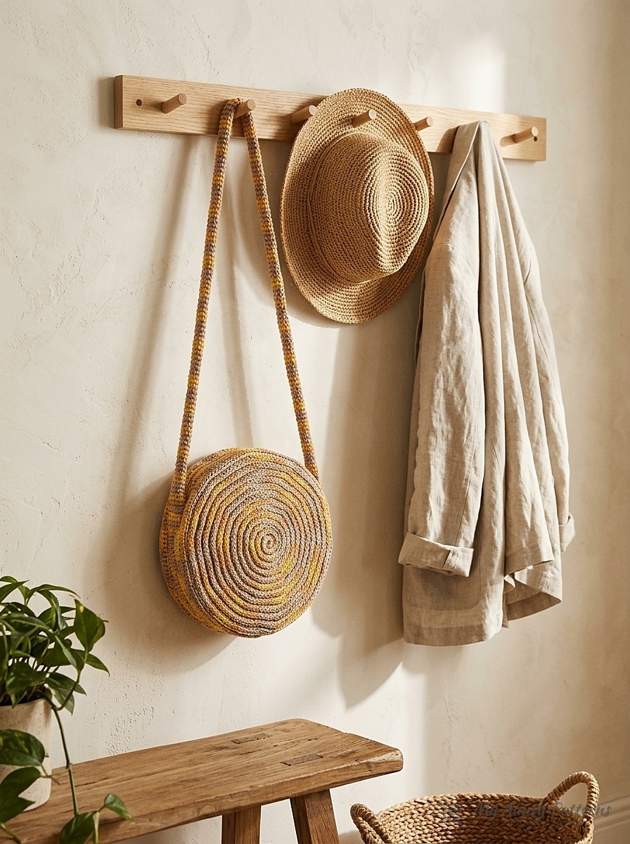 Finished golden mustard yellow round spiral crochet crossbody bag hanging on a wooden peg rail beside a sun hat and linen jacket