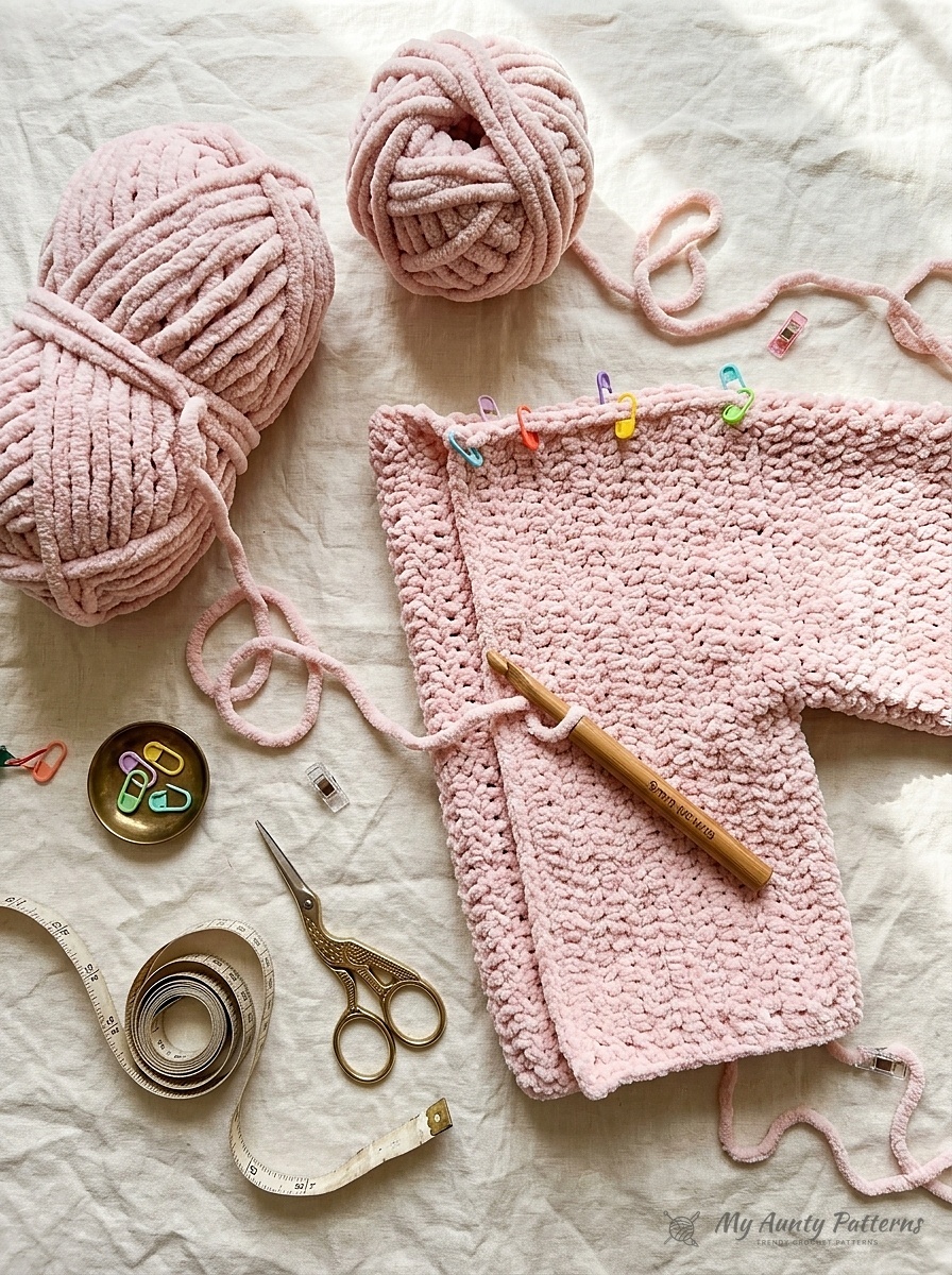 Flat-lay of soft dusty tan-pink super bulky chenille yarn skeins, crocheted double crochet garment panel with stitch markers, 9mm crochet hook, scissors, and tape measure