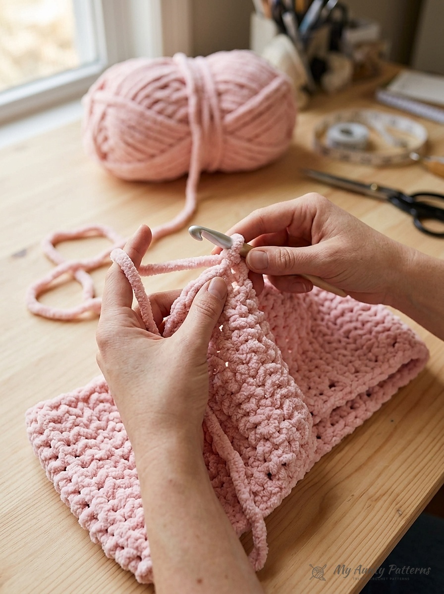 Close-up of hands crocheting tall double crochet stitches in soft dusty tan-pink super bulky chenille yarn with a 9mm hook