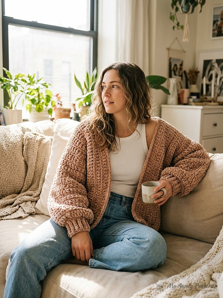 Finished soft dusty tan-pink plush chenille oversized crochet cardigan worn over a white ribbed top in a sunlit living room