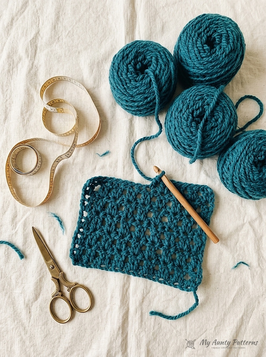 Flat-lay of four deep ocean teal super bulky yarn balls, crossed double crochet scarf swatch, 9mm crochet hook, brass scissors, and measuring tape