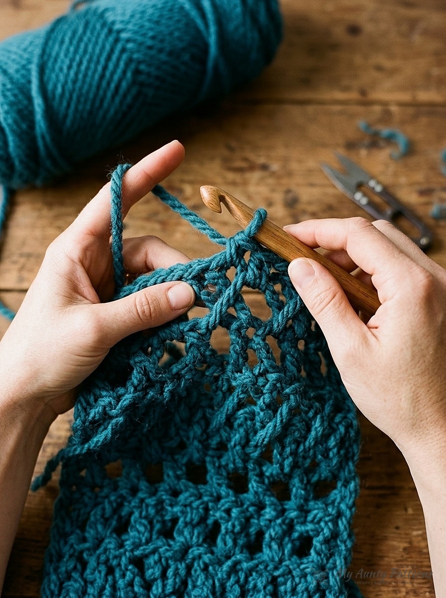 Close-up of hands crocheting the crossed double crochet Cr2dc stitch in deep ocean teal super bulky yarn with a 9mm hook