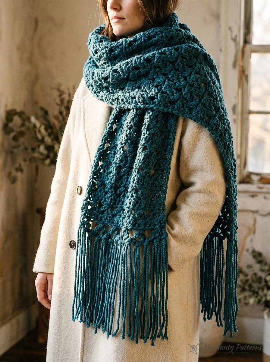 Finished 11x94 inch deep ocean teal crossed-stitch crochet super scarf with long fringe wrapped over a cream winter coat