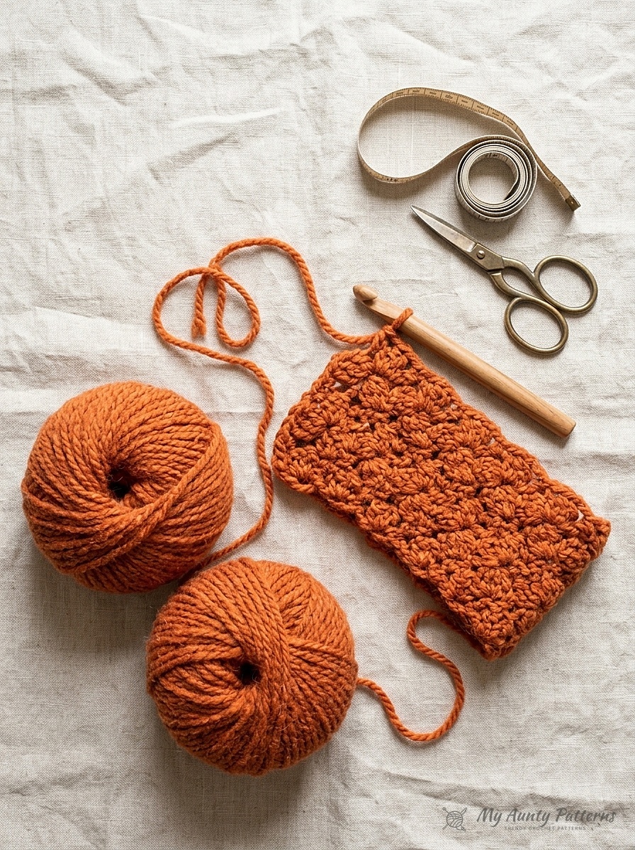 Flat-lay of two terracotta pumpkin super bulky yarn skeins, textured cluster scarf swatch, 9mm wooden crochet hook, brass scissors, and measuring tape