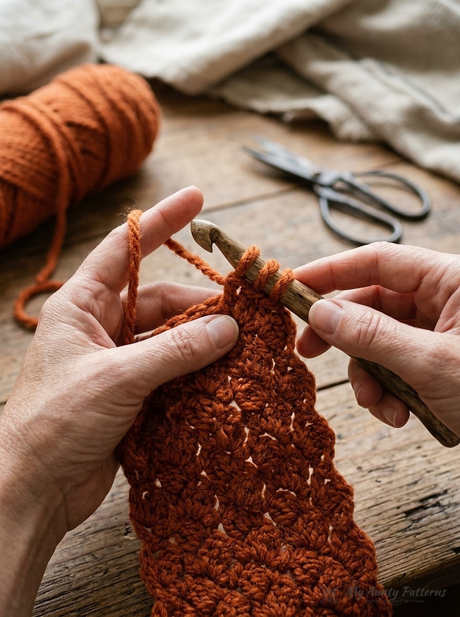 Close-up of hands crocheting the 3-dc cluster stitch in terracotta pumpkin super bulky yarn with a 9mm crochet hook