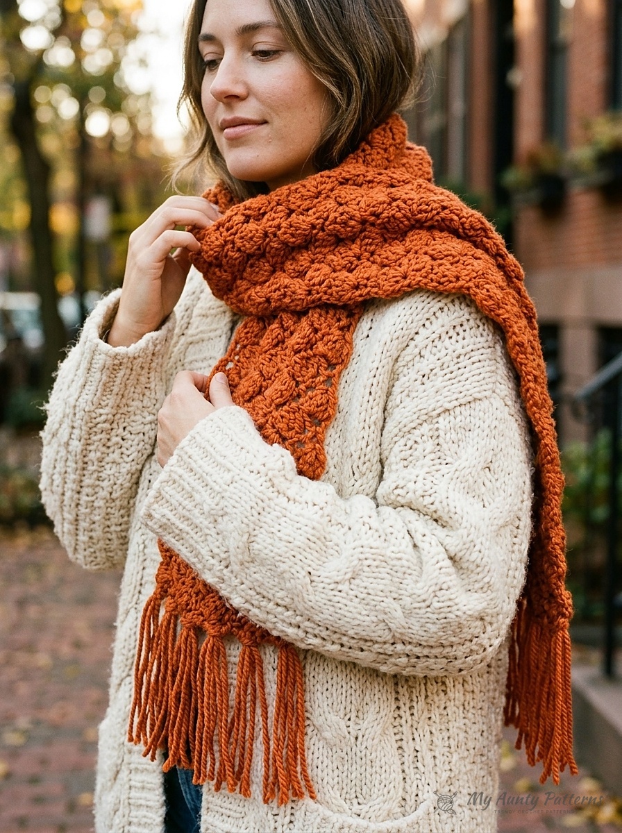 Finished warm terracotta pumpkin super bulky textured cluster crochet scarf with long fringe styled over a cream knit sweater coat
