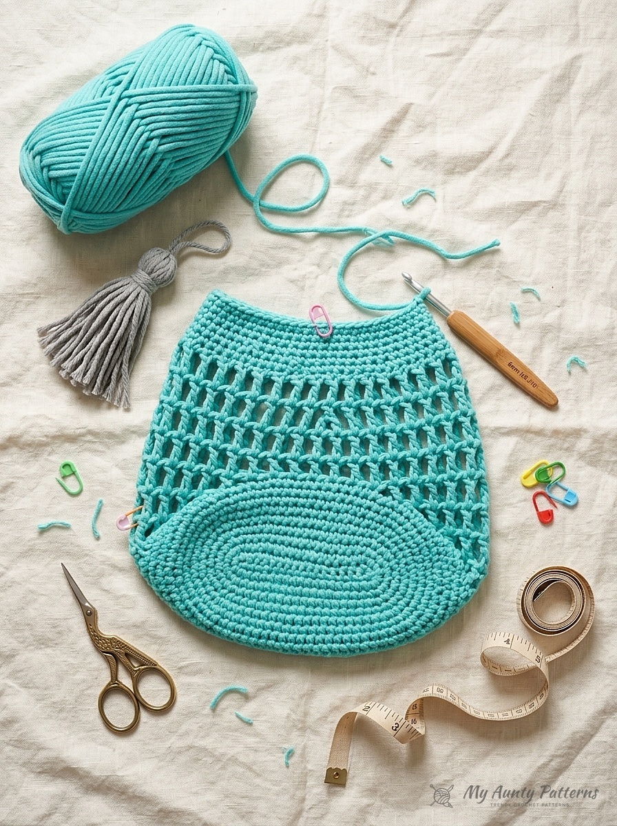 Flat-lay of bright aqua turquoise bulky tubular yarn skein, crocheted oval bag base with treble mesh rounds, 6mm crochet hook, stitch markers, grey tassel charm, and scissors