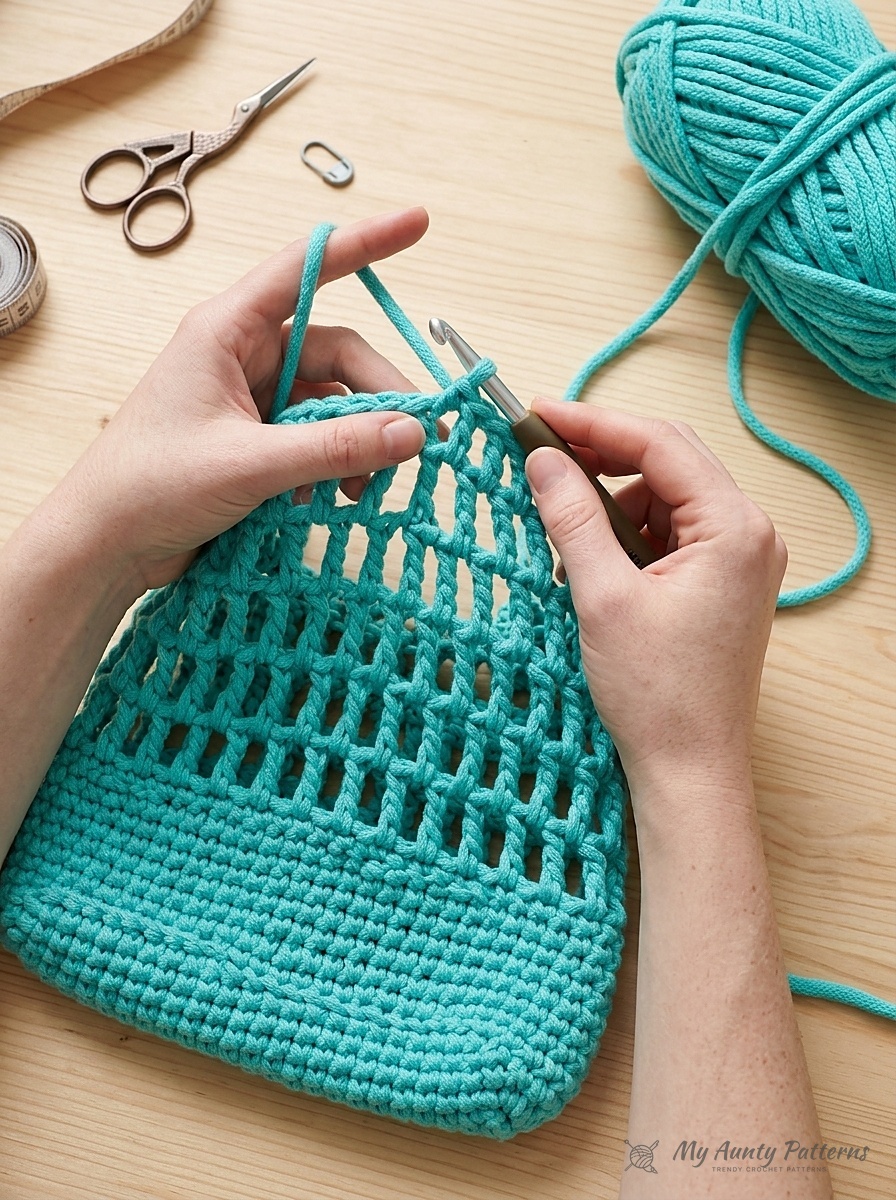 Close-up of hands crocheting tall treble crochet mesh stitches in bright aqua turquoise bulky tubular yarn with a 6mm hook