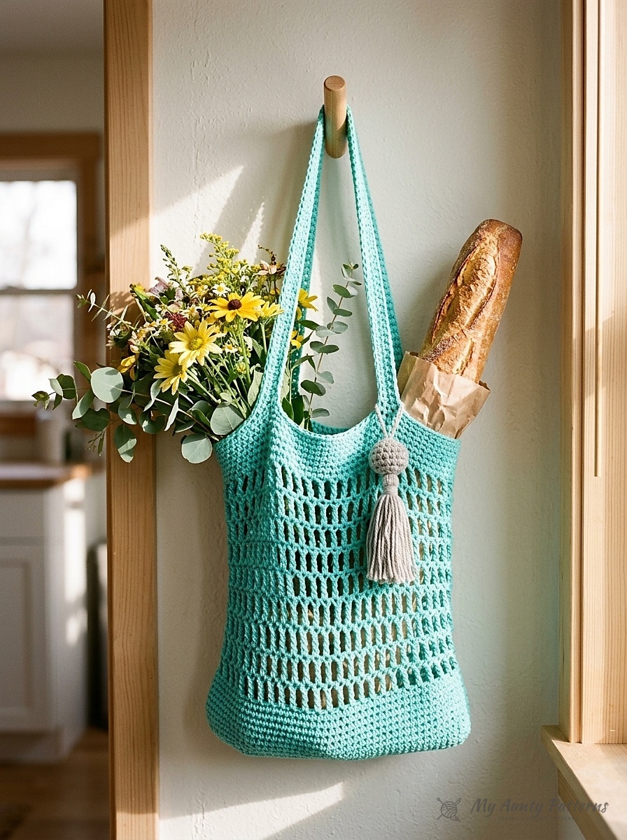 Finished bright aqua turquoise crochet market bag with treble mesh body and grey ball-tassel charm hanging on a wooden peg hook