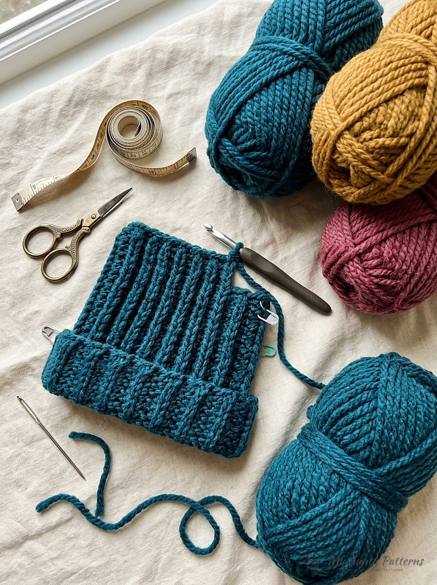 Flat-lay of teal, mustard gold, and berry rose super bulky roving yarn skeins, ribbed crochet hat panel, 8mm crochet hook, brass scissors, and tape measure