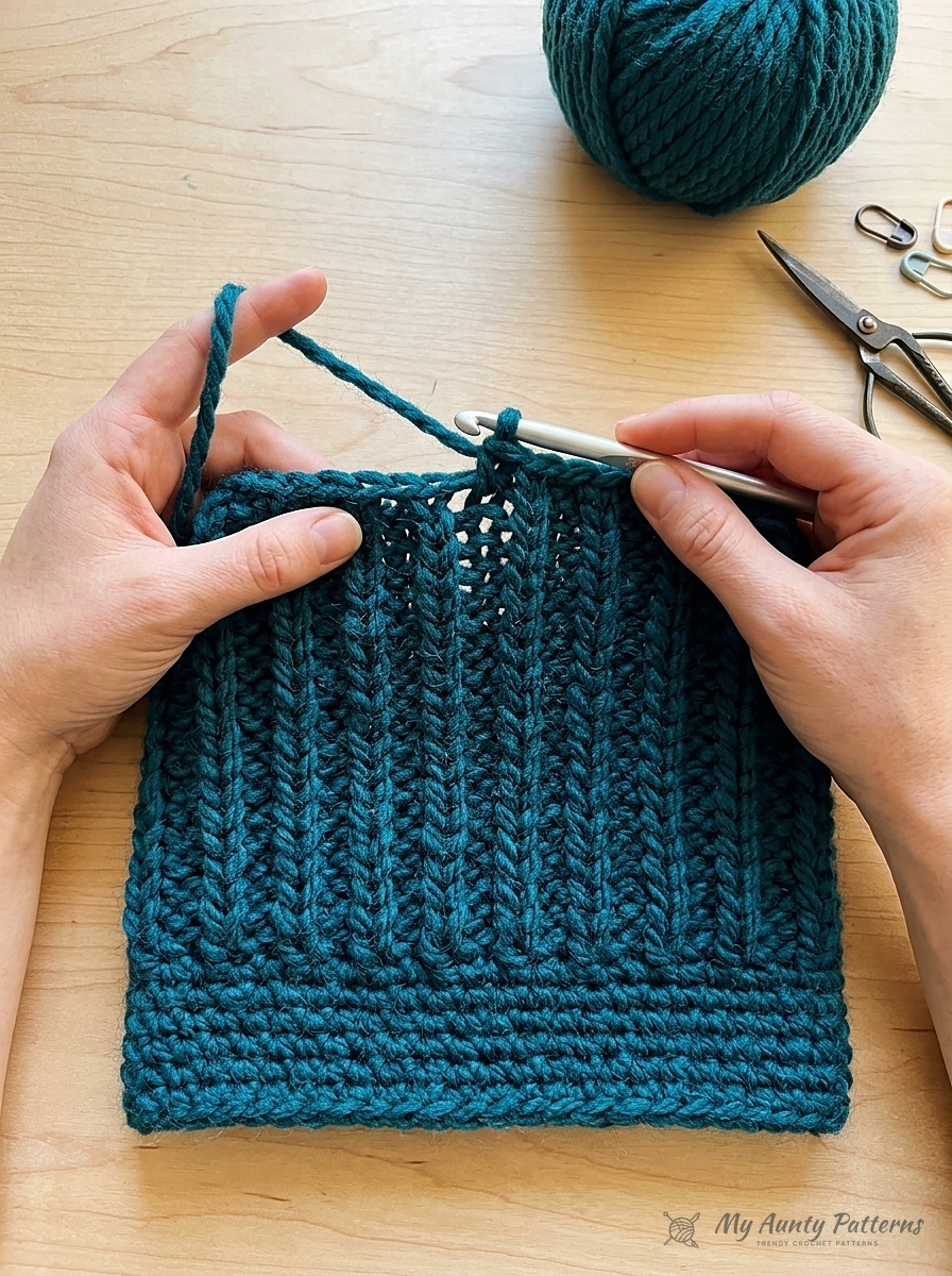Close-up of hands crocheting a flat side-to-side ribbed hat panel in teal super bulky yarn with an 8mm crochet hook