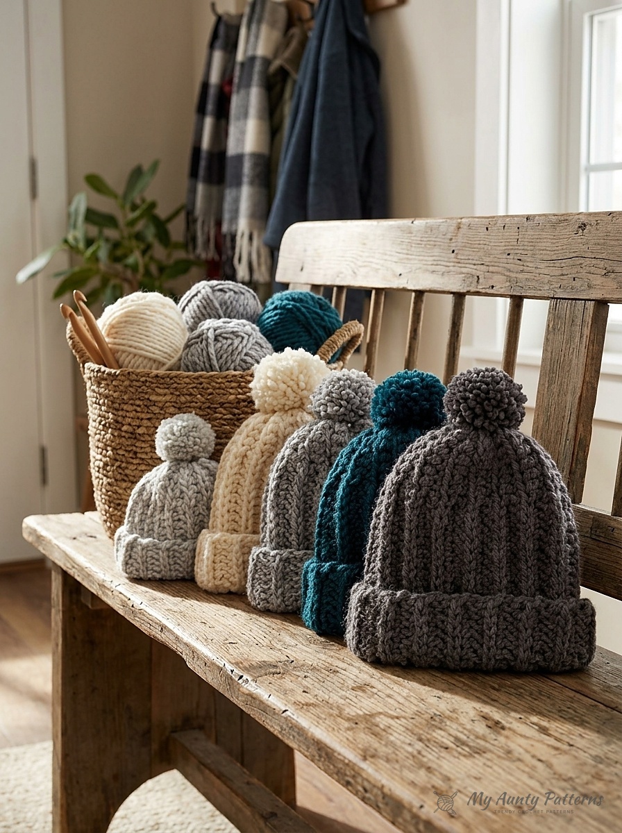 Finished chunky ribbed crochet family beanies with fluffy pom-poms and folded cuffs styled on a wooden entryway bench with yarn basket