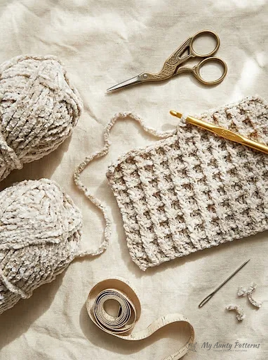 Flat-lay of cream and oatmeal marled crushed velvet bulky yarn skeins, waffle stitch swatch, 5.5mm gold crochet hook, brass stork scissors, measuring tape, and yarn needle