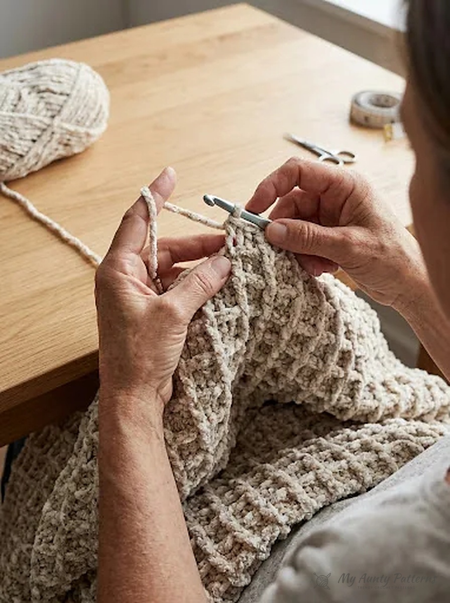 Close-up of maker hands using a 5.5mm metallic crochet hook to work a front post double crochet ridge in cream crushed velvet waffle blanket