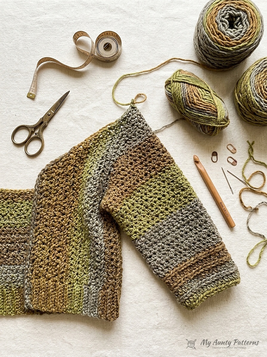 Flat-lay of earthy matcha green and warm bronze self-striping super bulky yarn cakes, crocheted hdc cardigan panel, 8mm crochet hook, scissors, and tape measure