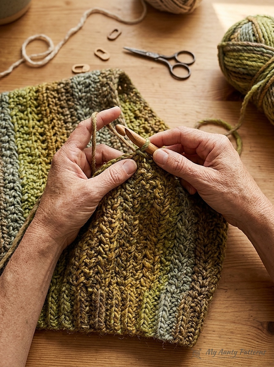 Close-up of hands crocheting the earthy matcha green and warm bronze striped boxy cardigan with an 8mm crochet hook