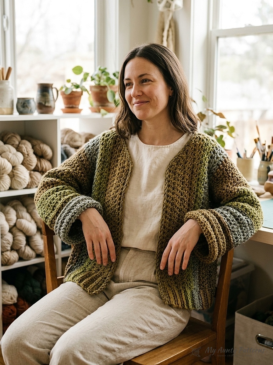 Finished earthy matcha green, warm bronze, and grey striped boxy crochet cardigan worn over a cream linen top
