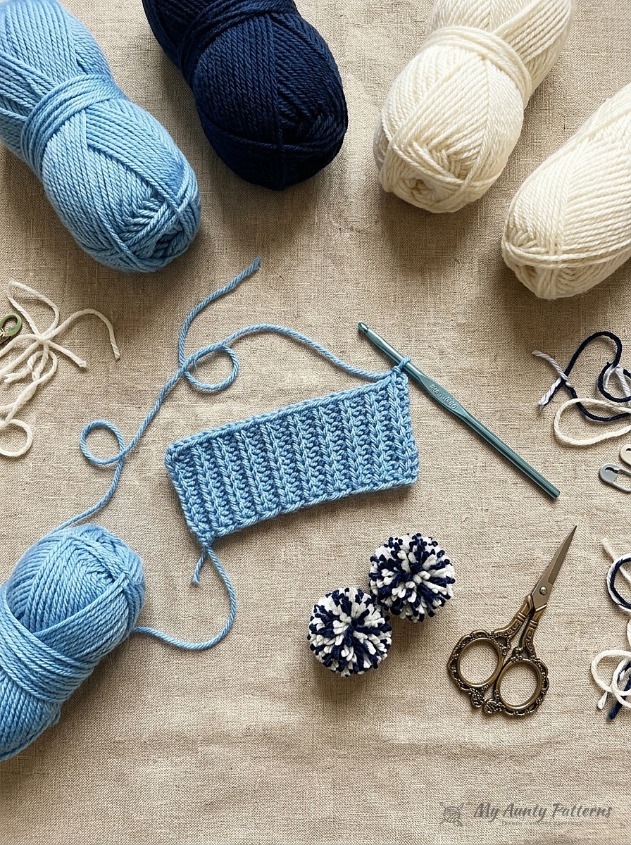 Flat-lay of country blue, dark navy blue, and off-white worsted yarn skeins, short-row ribbed hat panel, two speckled pom-poms, 4mm crochet hook, and brass scissors