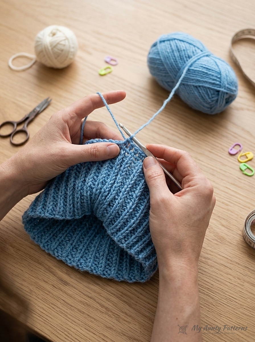 Close-up of hands crocheting the country blue textured ribbing hat with a 4mm crochet hook