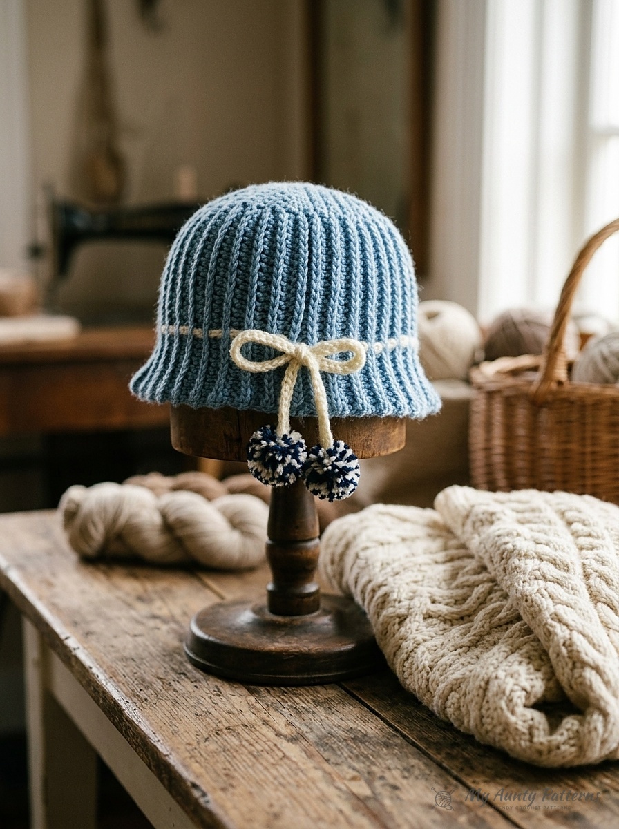 Finished country blue textured ribbing crochet hat with cream corded bow and speckled pom-poms styled on a wooden hat stand