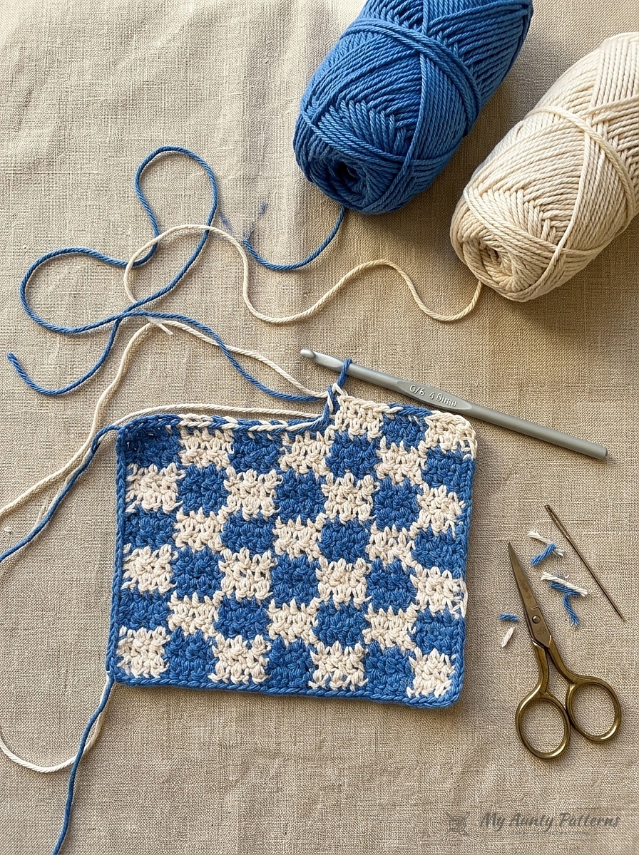 Flat-lay of deep blueberry navy and natural ecru worsted cotton yarn balls, checkered gingham dishcloth swatch, 4mm crochet hook, and brass scissors