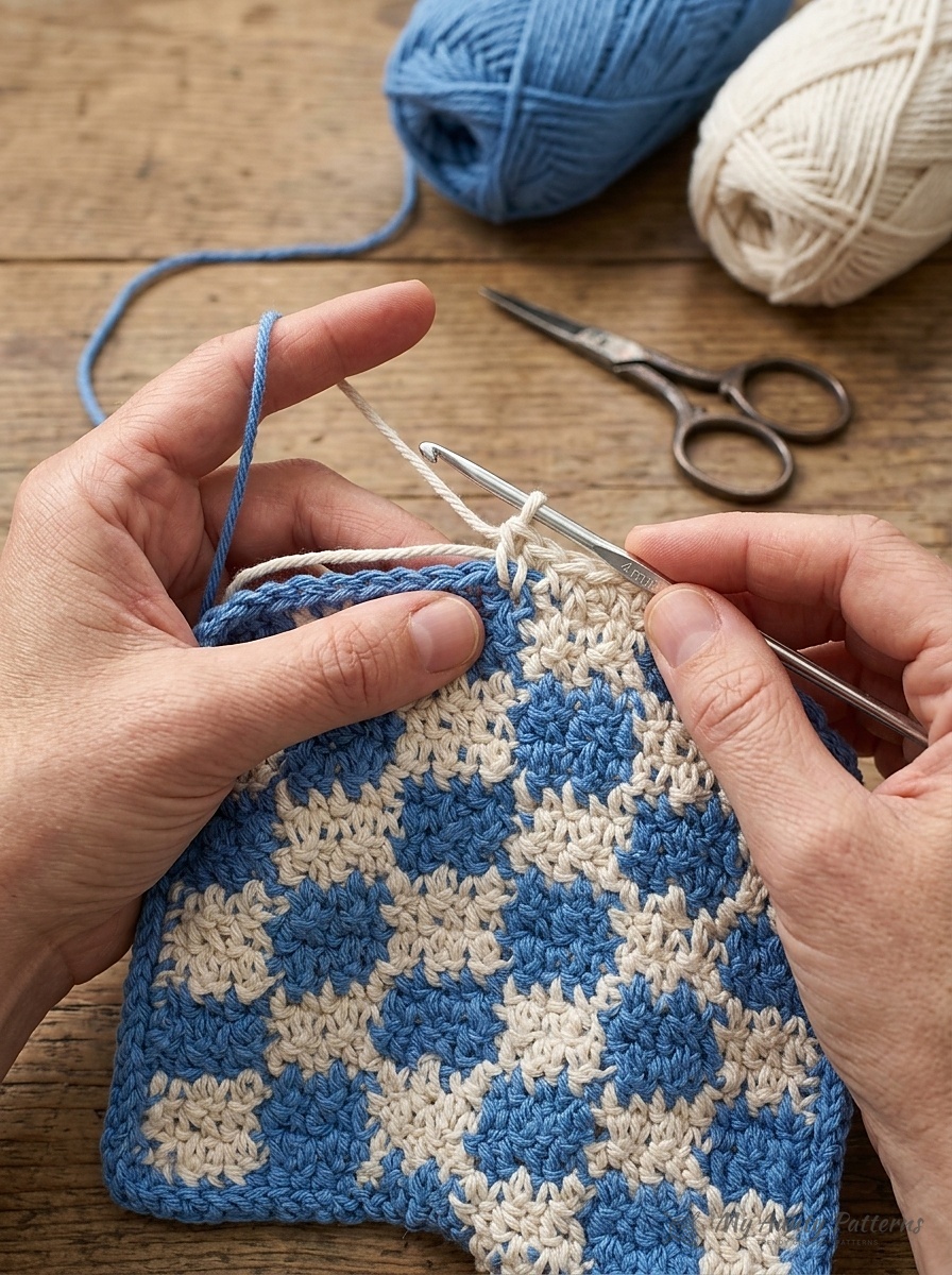 Close-up of hands crocheting the blueberry and ecru checkered cotton dishcloth using tapestry single crochet with a 4mm hook