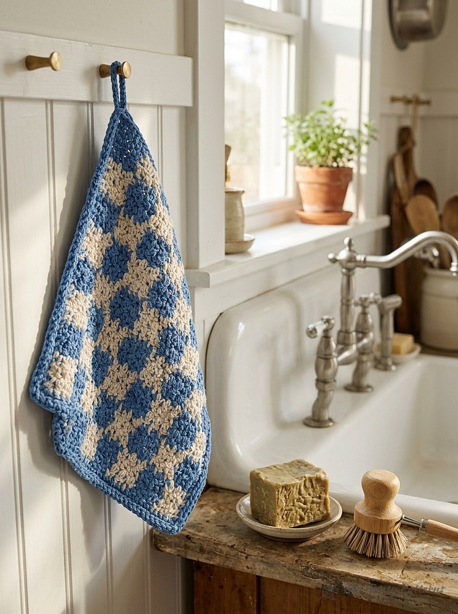 Finished blueberry and ecru checkered gingham cotton crochet dishcloth hanging by its corner loop beside a white farmhouse kitchen sink