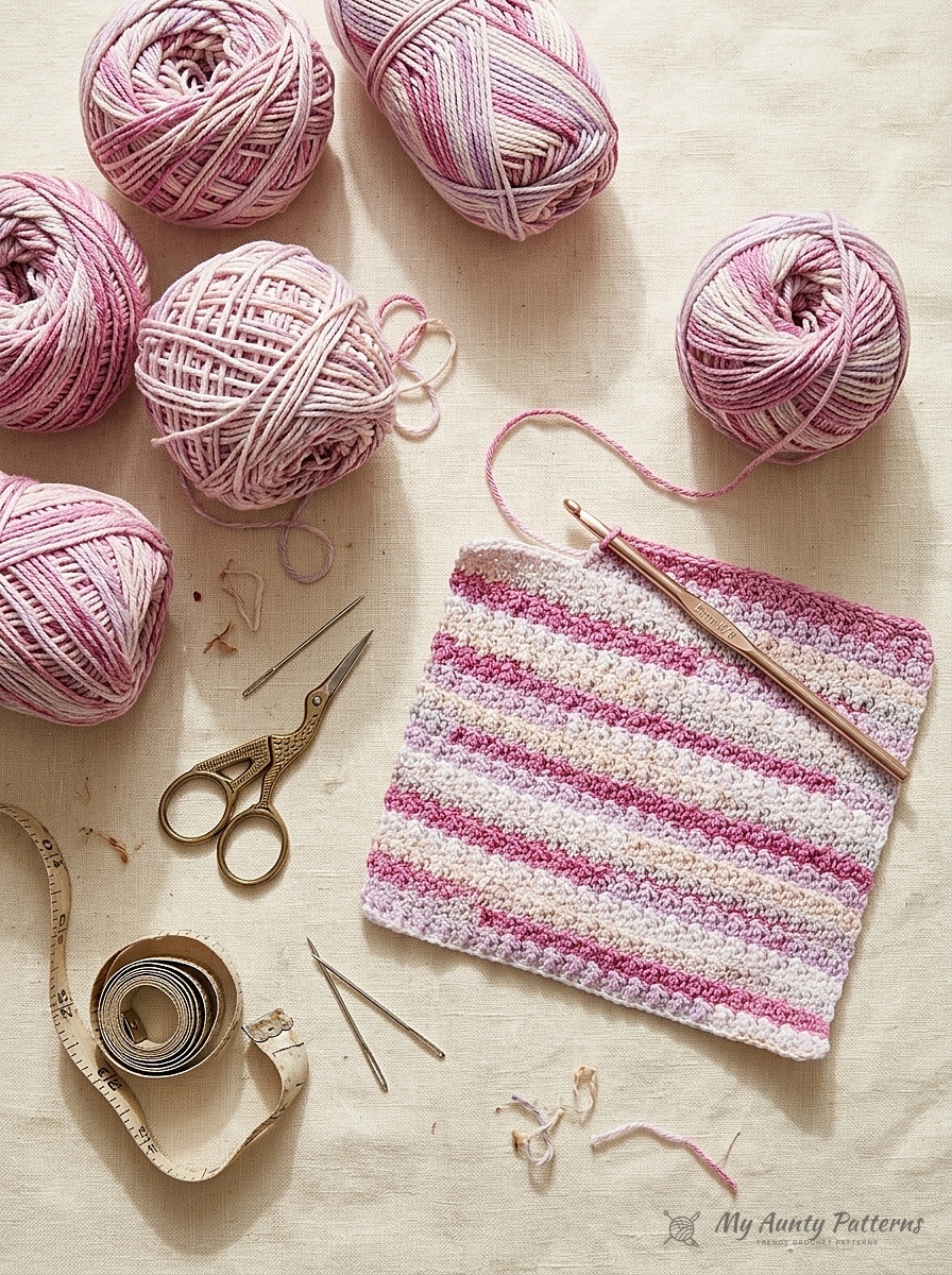 Flat-lay of rose pink, lavender blush, and cream self-striping worsted cotton yarn balls, textured dishcloth swatch, 5mm crochet hook, brass scissors, and tape measure