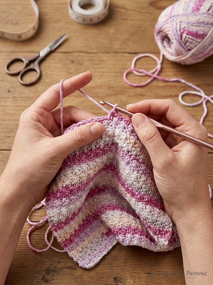 Close-up of hands crocheting the rose pink and cream ombré striped cotton dishcloth with a 5mm crochet hook