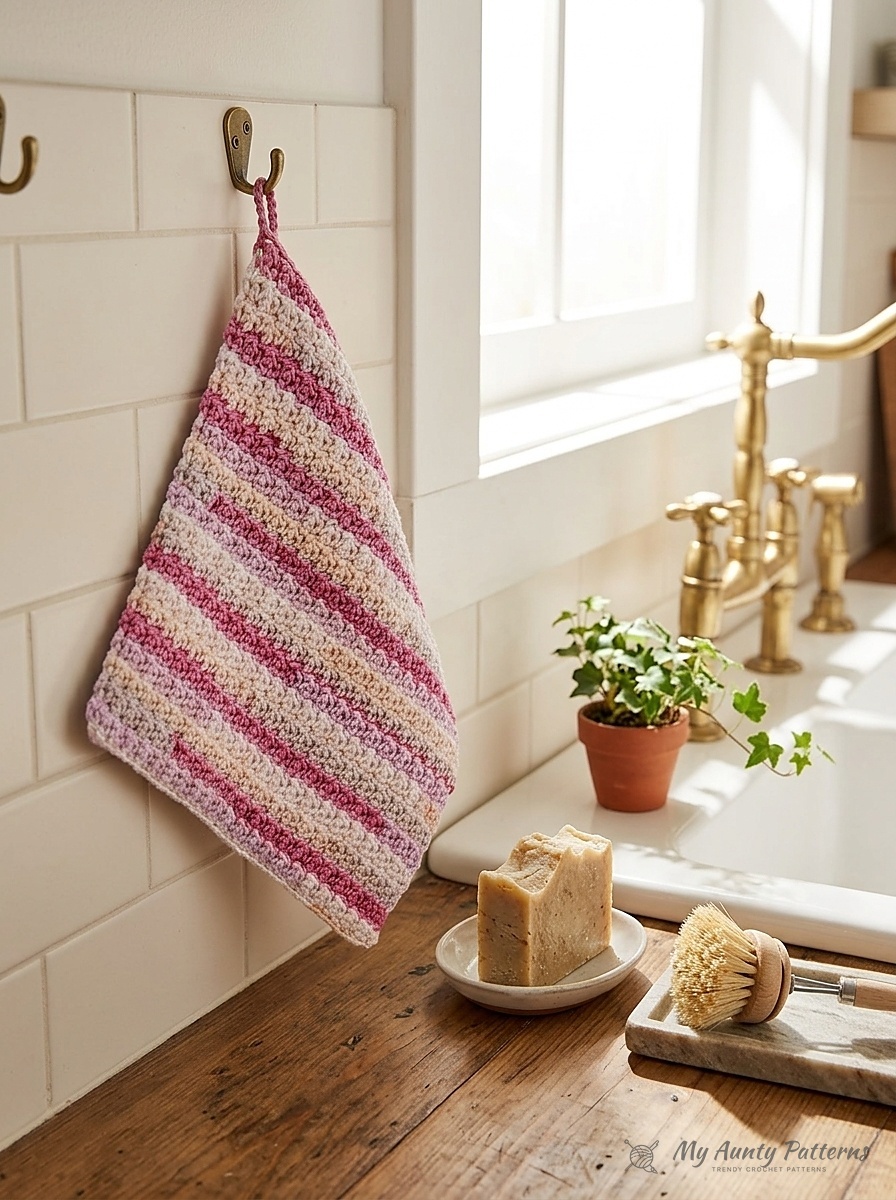 Finished 13-inch rose pink, lavender blush, and cream striped textured cotton crochet dishcloth hanging by its corner loop beside a farmhouse sink