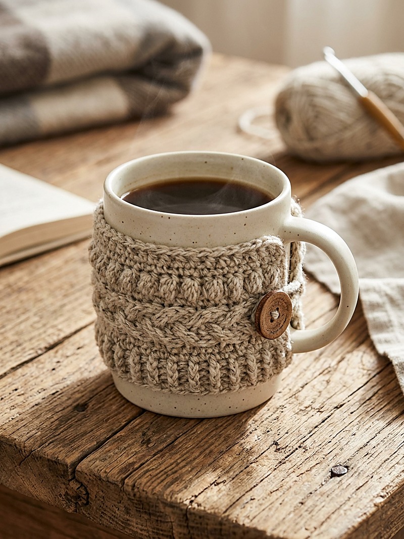 Ribbed Ceramic Mug Cozy with Wooden Button Closure